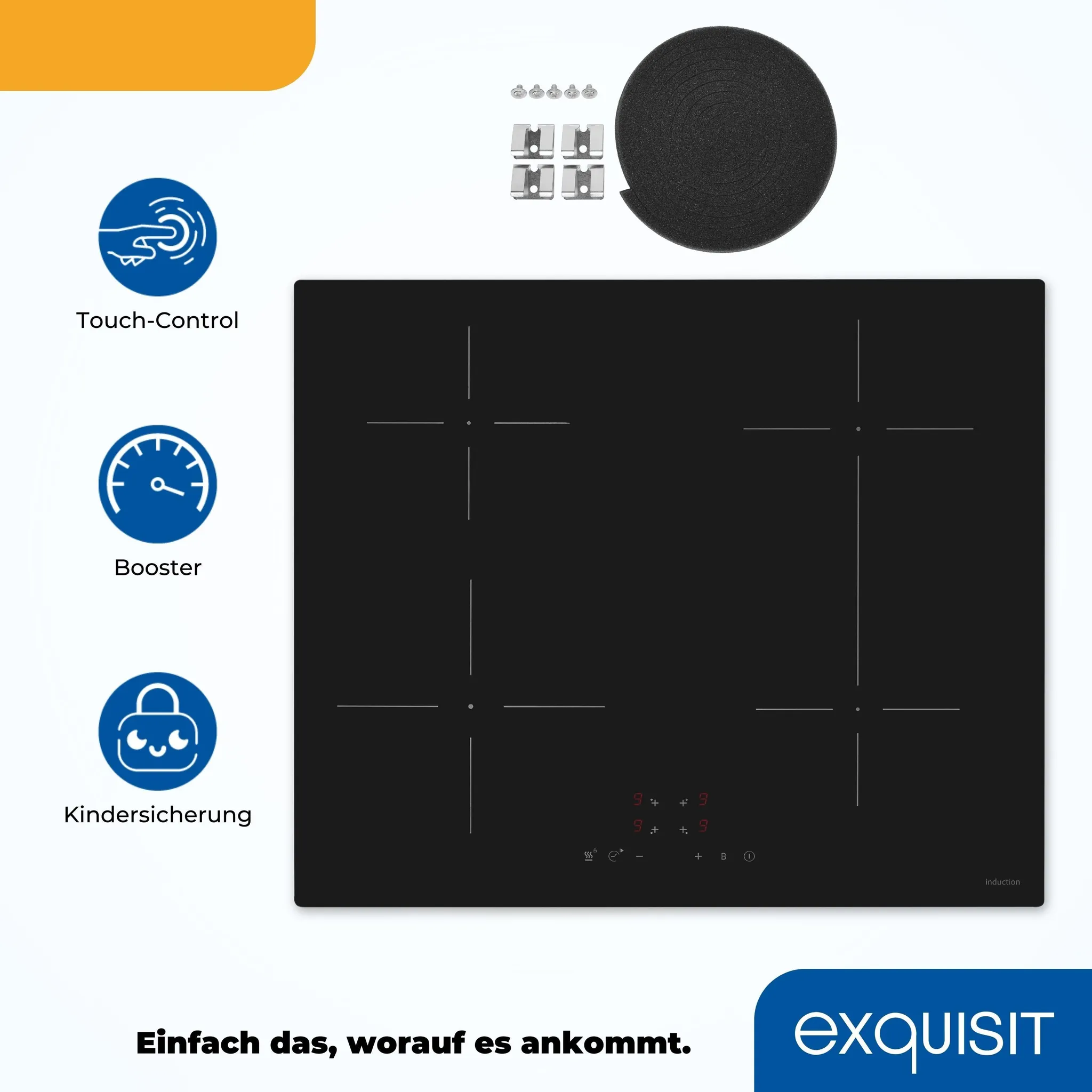 Exquisit EKI600-SF-B-380 Rahmenlos, Induktion, Touch, Timer, 4 Kochzonen, 700w