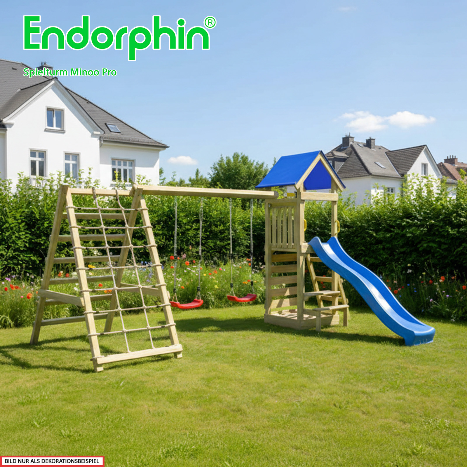 Endorphin Spielturm Minoo Pro m. Dach Leiter Rutsche Schaukel Kletterwänden Sandkasten und Picknicktisch