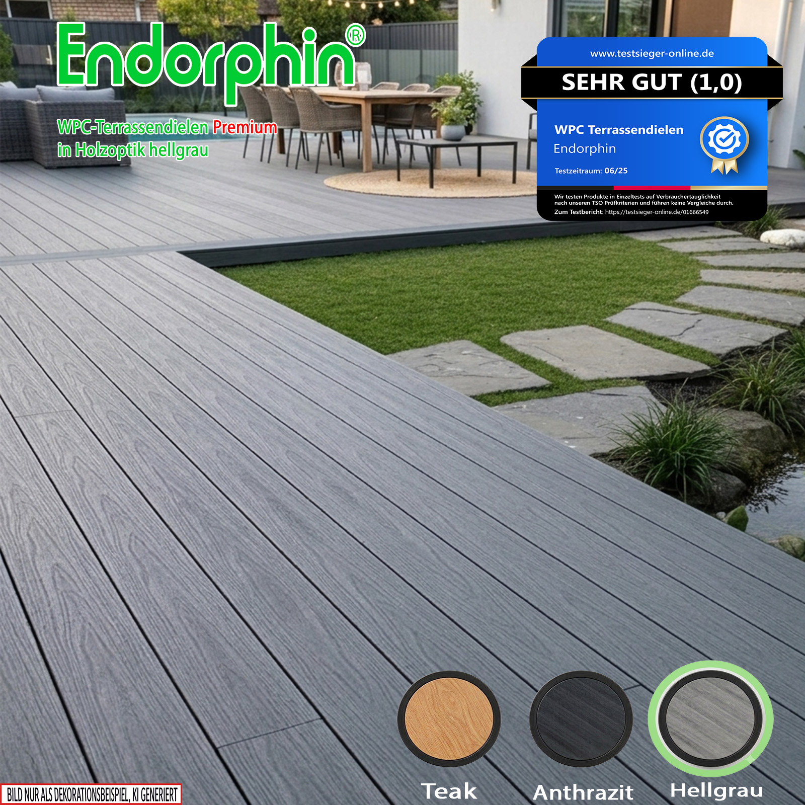 Endorphin 2m² Premium WPC Terrassendielen in Holzoptik–Farbe: grau