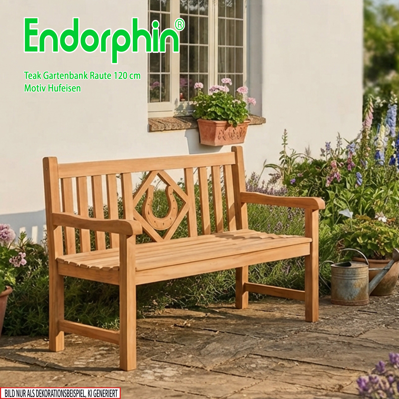 Endorphin Premium Teak Gartenbank 120 cm „Modell Raute“ mit Motiv Hufeisen