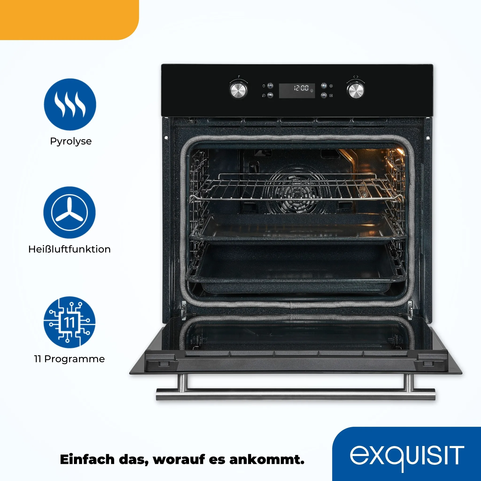 Exquisit EBEP697-H-030 schwarz, 70,2l Garraum, 11 Funktionen, 60cm brit, Timer, Heißluft