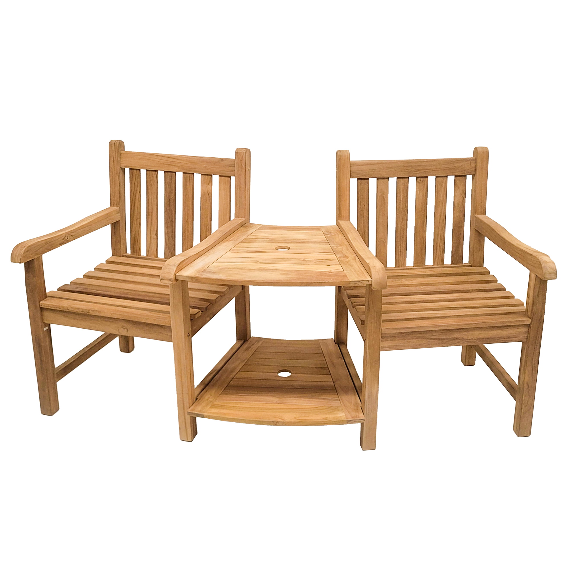 Endorphin Premium Teak Love-Seat mit Doppelablage und Schirmloch Gartenmöbel Sitzgarnitur 3tlg. Teak Feierabendbank 2 Sitzer aus nachhaltigem Teakholz Kaffeetisch