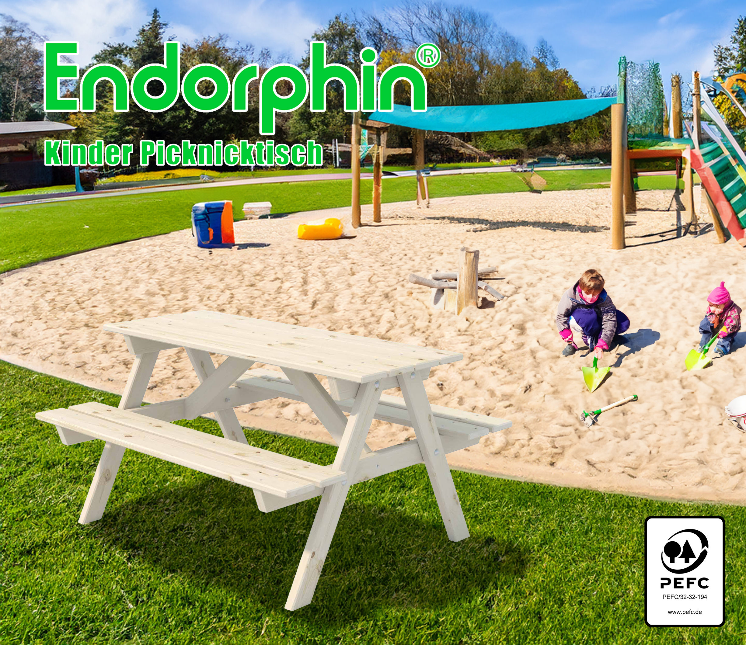 Endorphin Kinder Picknicktisch, kammergetrocknetes Kiefernholz, Picknickbank für Kinder, Kindermöbel für draußen, wetterfester Kindertisch, Gartenmöbel für Kinder, 117cm lang