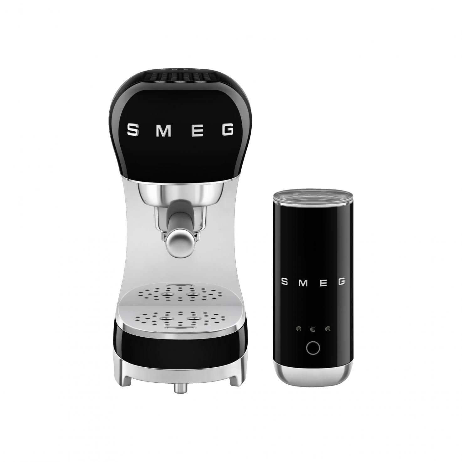 Smeg ECF12BLEU Bundle ECF00 + Milchaufschäumer MFF02 Schwarz 50`s Style