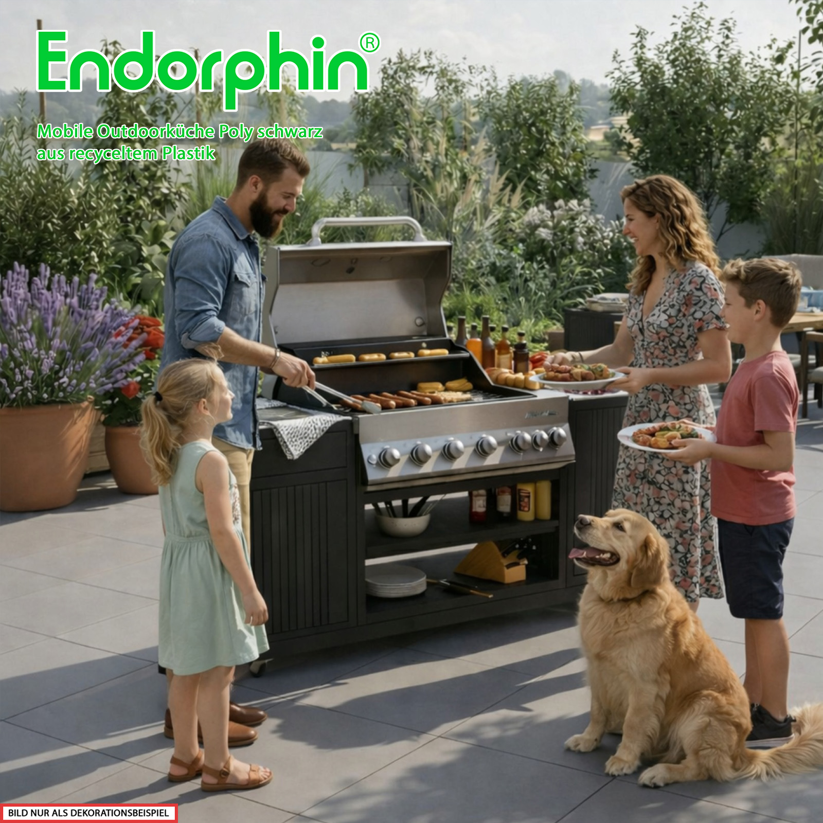 Endorphin Poly Outdoorküche schwarz, inkl Merlin 641 Gasgrill, silber