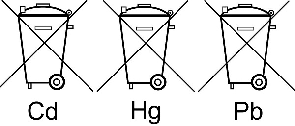 Symbole zur Kennzeichnung schadstoffhaltiger Batterien: durchgestrichene Mülltonne mit chemischem Symbol des Schwermetalls