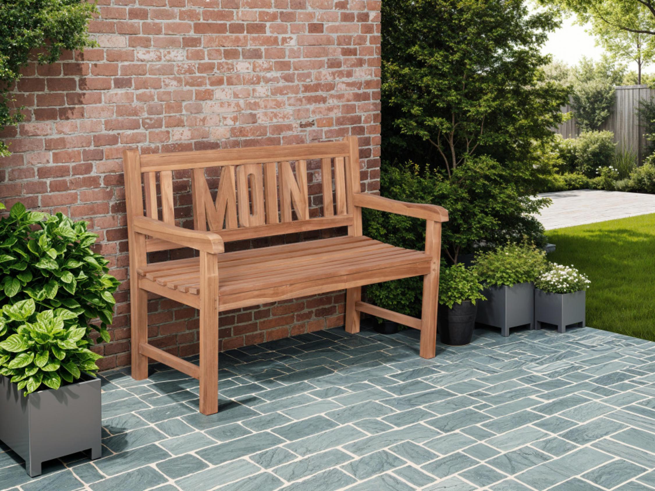 deVries WOODIE MOIN Gartenbank mit Rückenlehne, Teakholz, Gravur (66272)