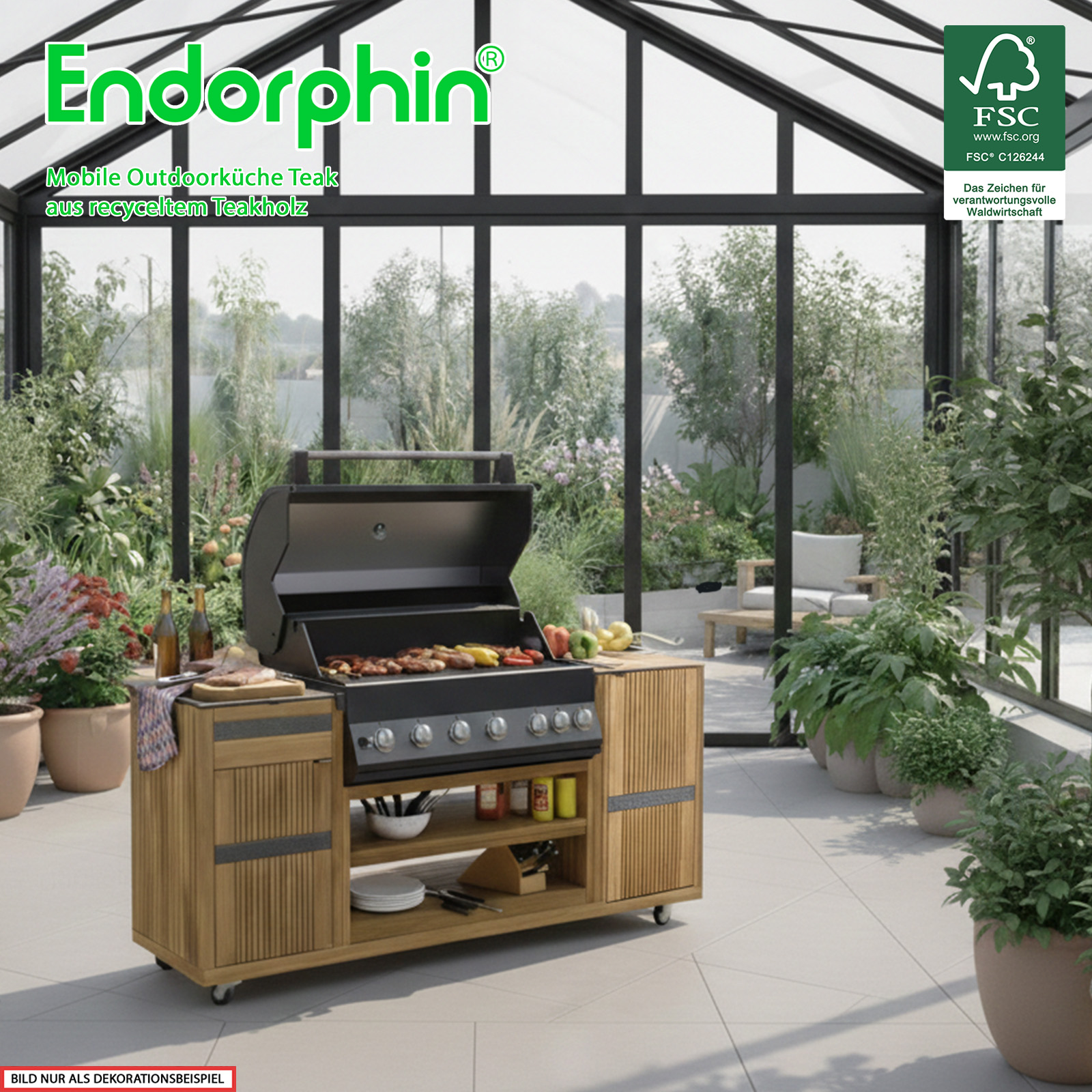 Endorphin Outdoorküche Teak inkl. Merlin 641 Built- in Gasgrill schwarz