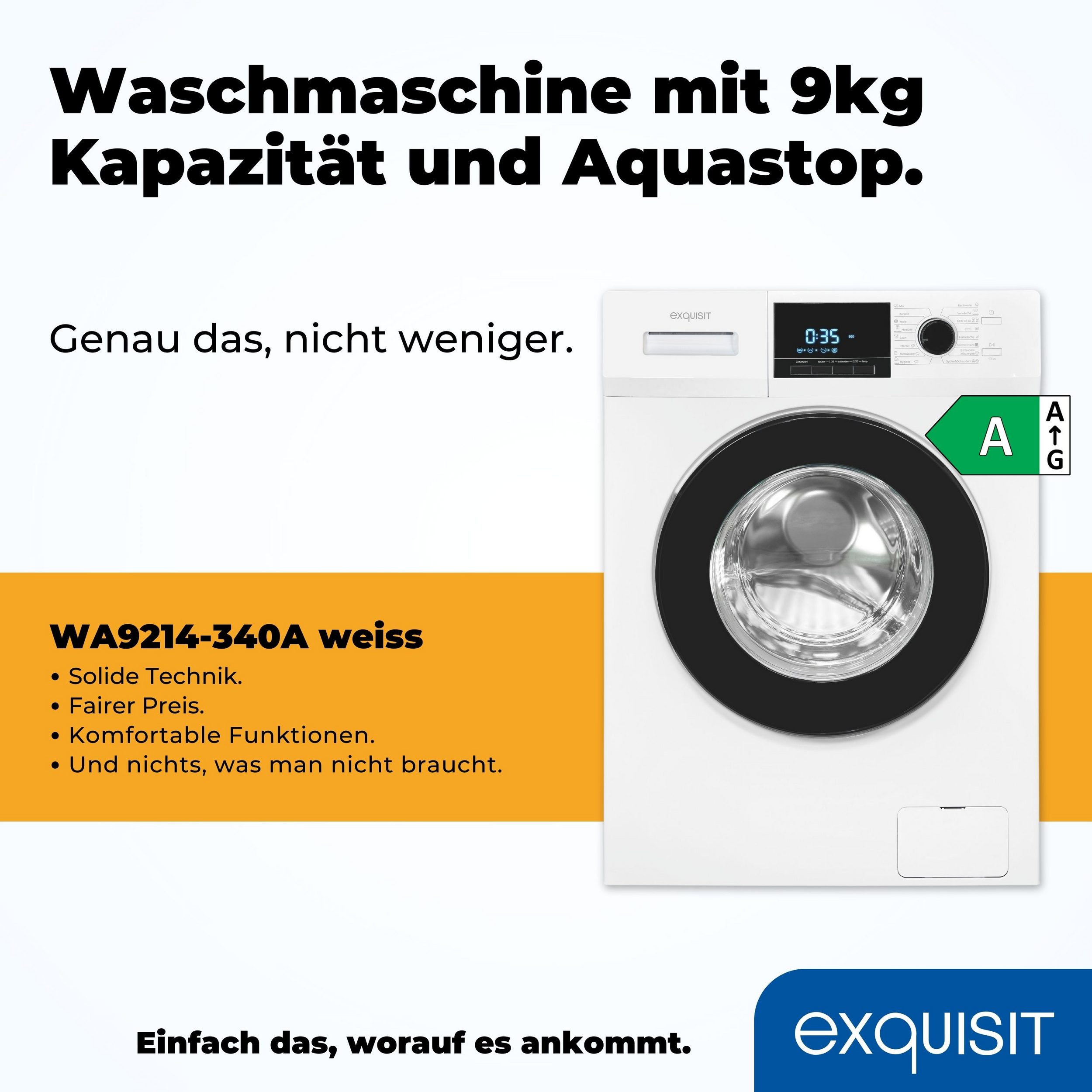 Exquisit WA9214-340 weiss, Frontlader Waschmaschine, 9 kg, EEK: A