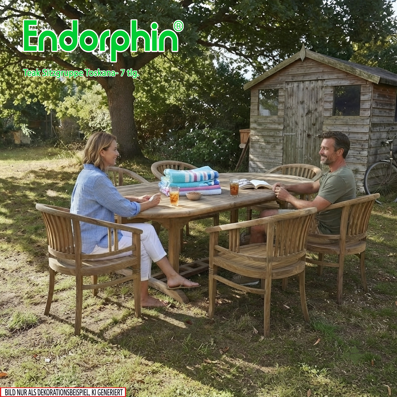 Endorphin Toskana Gartenmöbel Set 7tlg. Teakholz, Tisch oval, ausziehbar mit 6 Stühlen stapelbar