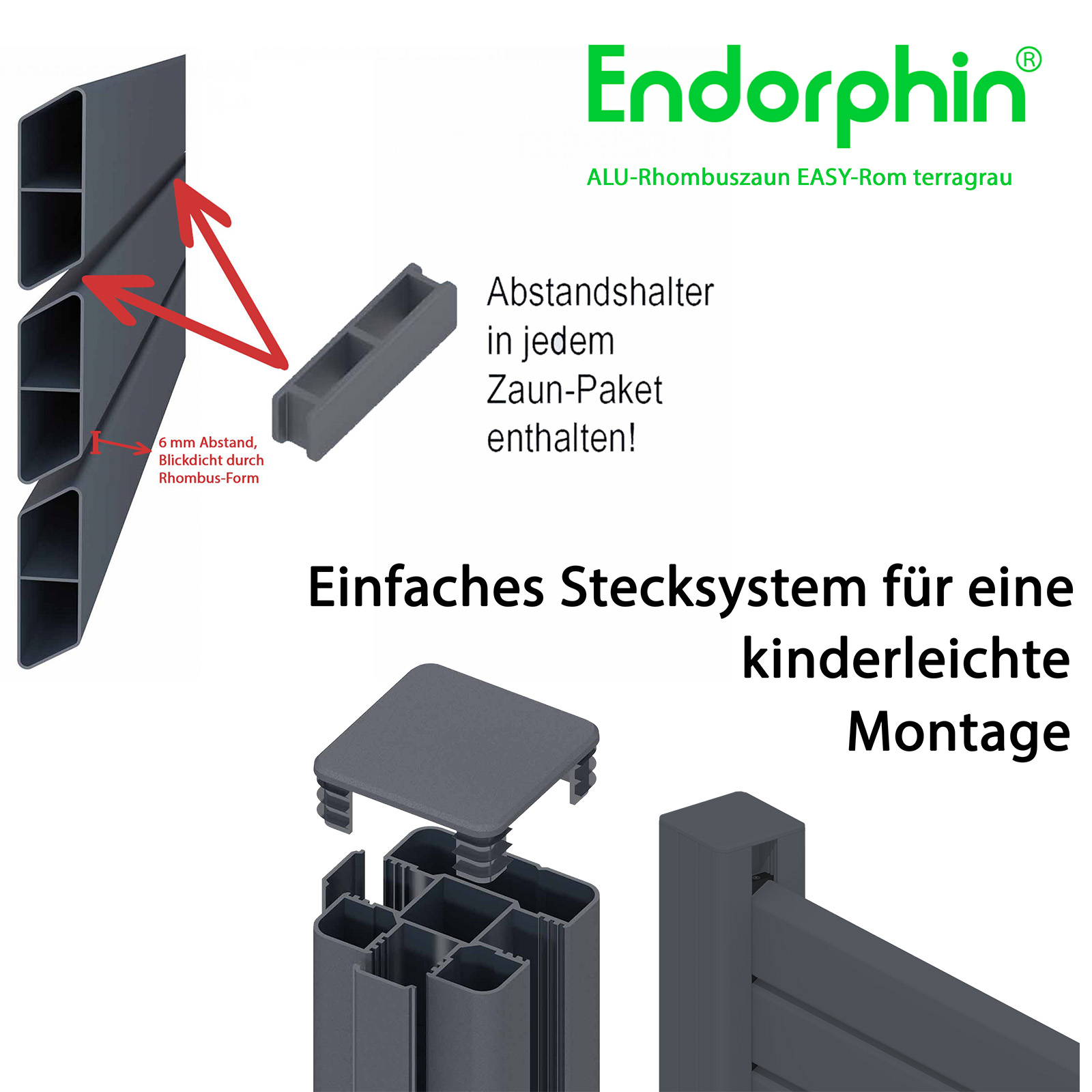 Endorphin EASY-ROM DIY ALU-Rhombuszaun in terragrau 1 Element 180x180cm 2 Pfosten 7x7x235cm in silber