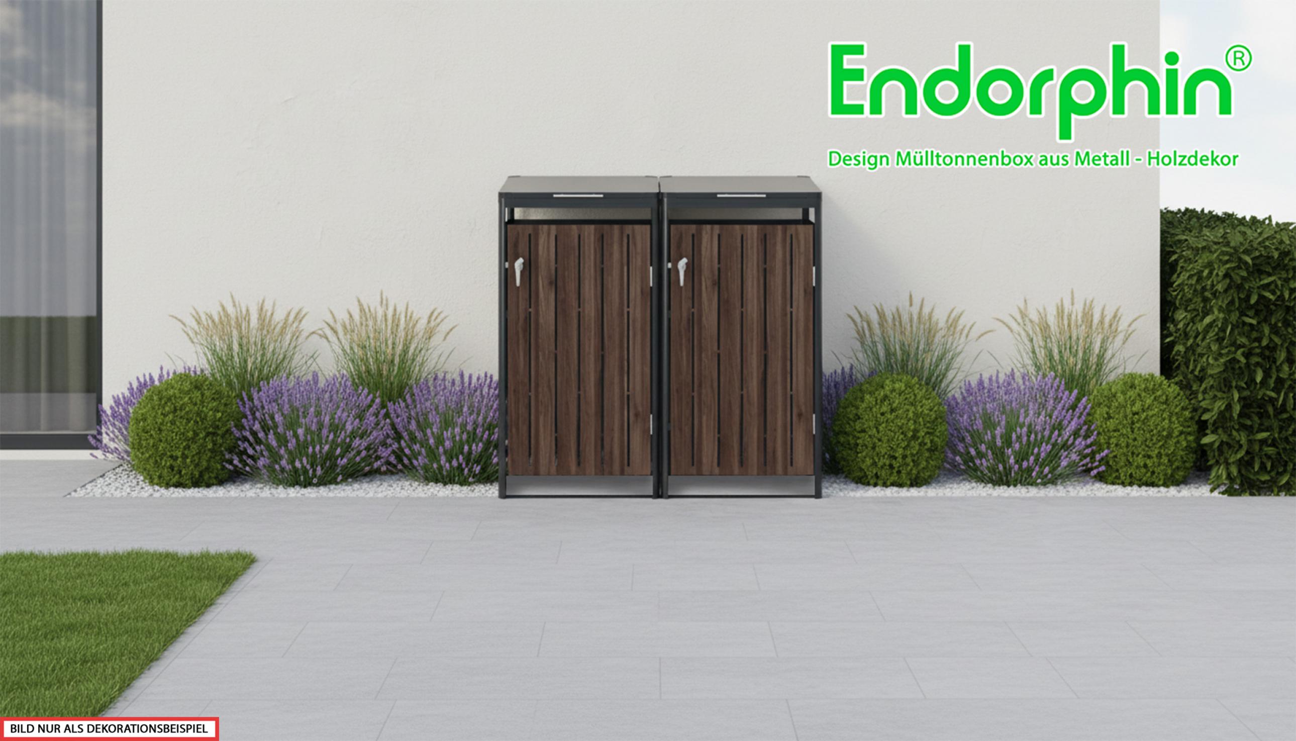 Endorphin Design Mülltonnenbox, 2er, 240 l, in anthrazit mit Holzdekor, aus verzinktem Stahl pulverbeschichtet, Breite x Höhe x Tiefe: 132x119x82 cm
