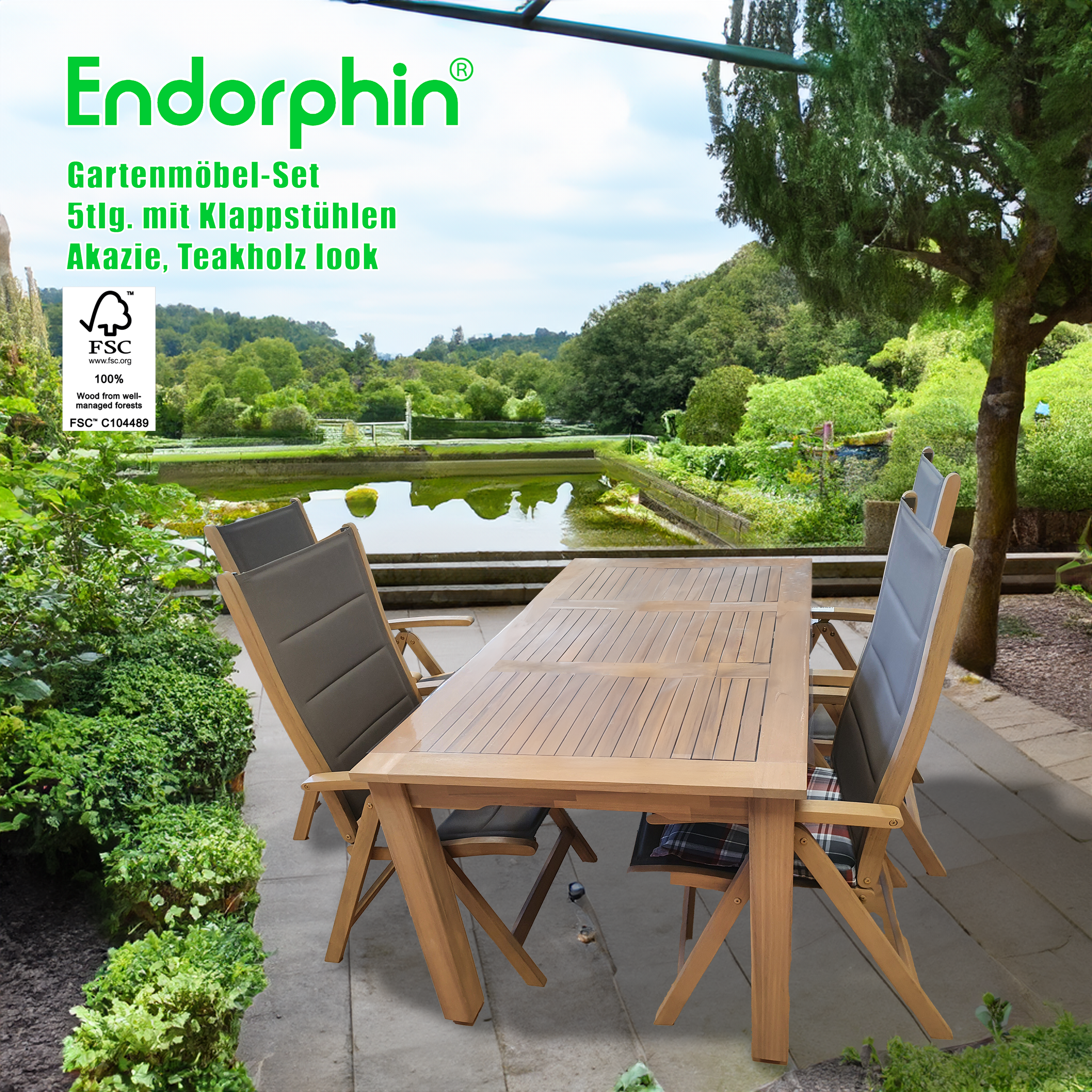 Endorphin Gartenset aus Akazienholz im Teakholz look, Gartenmöbel, FSC zertifiziert,  4 Klappsessel / Klappstuhl