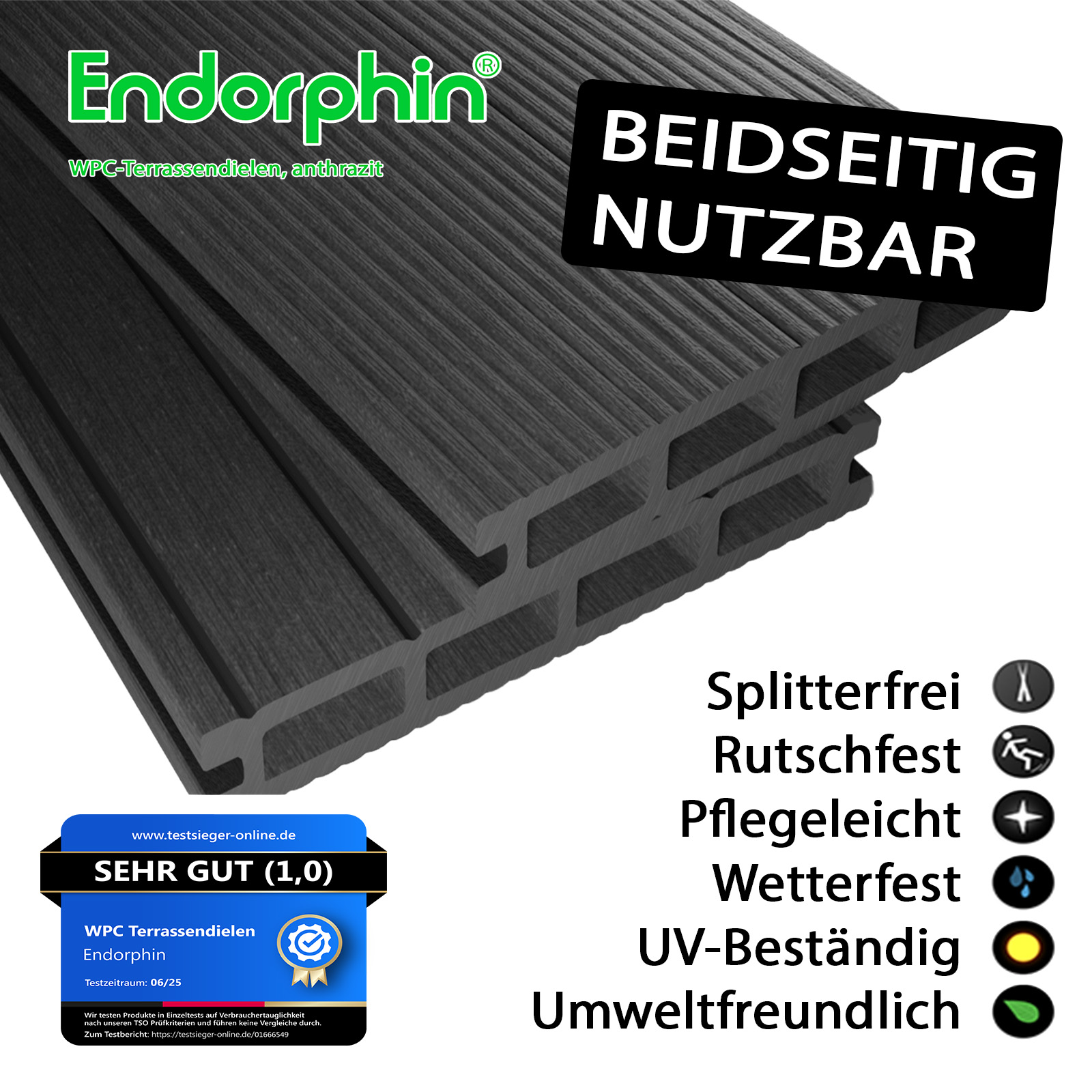 Endorphin 2m² Anthrazit WPC Terrassendielen Komplettset Note 1.0 lt. Testsieger-Online Test Juni 2025