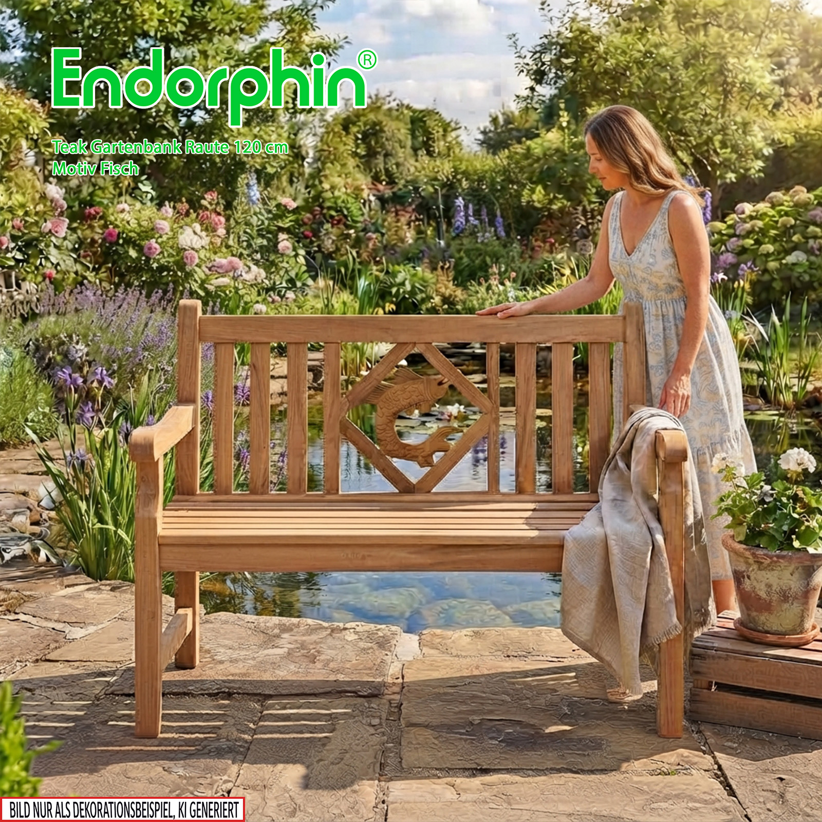 Endorphin Premium Teak Gartenbank 120 cm „Modell Raute“ mit Motiv Fisch