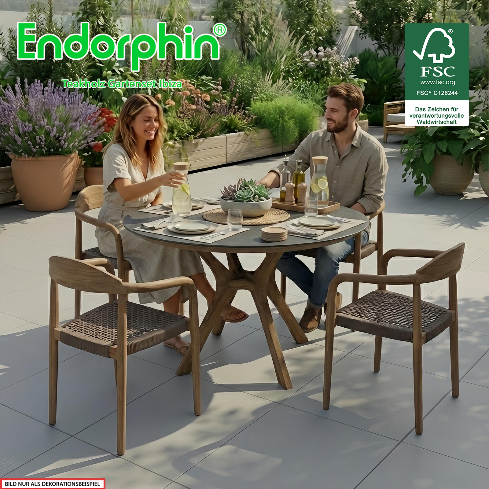 Endorphin Ibiza hochwertiges Teak Gartenset mit Keramik-Tischplatte, rund Ø120 cm 4 Stühle Gartenmöbel