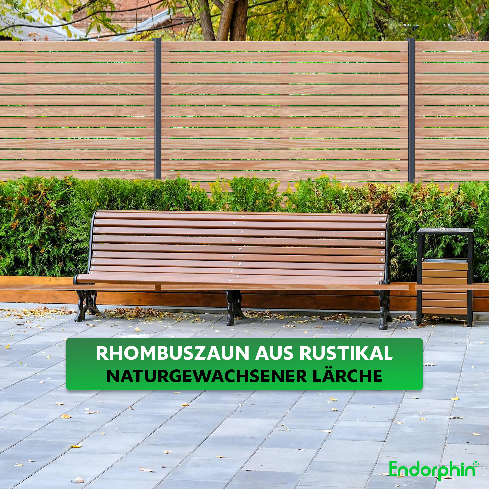 Endorphin Rhombus-Sichtschutzzaun Lärche | 4x Elemente [180x180cm] & 5x Alu-Pfosten [7x7x235cm]