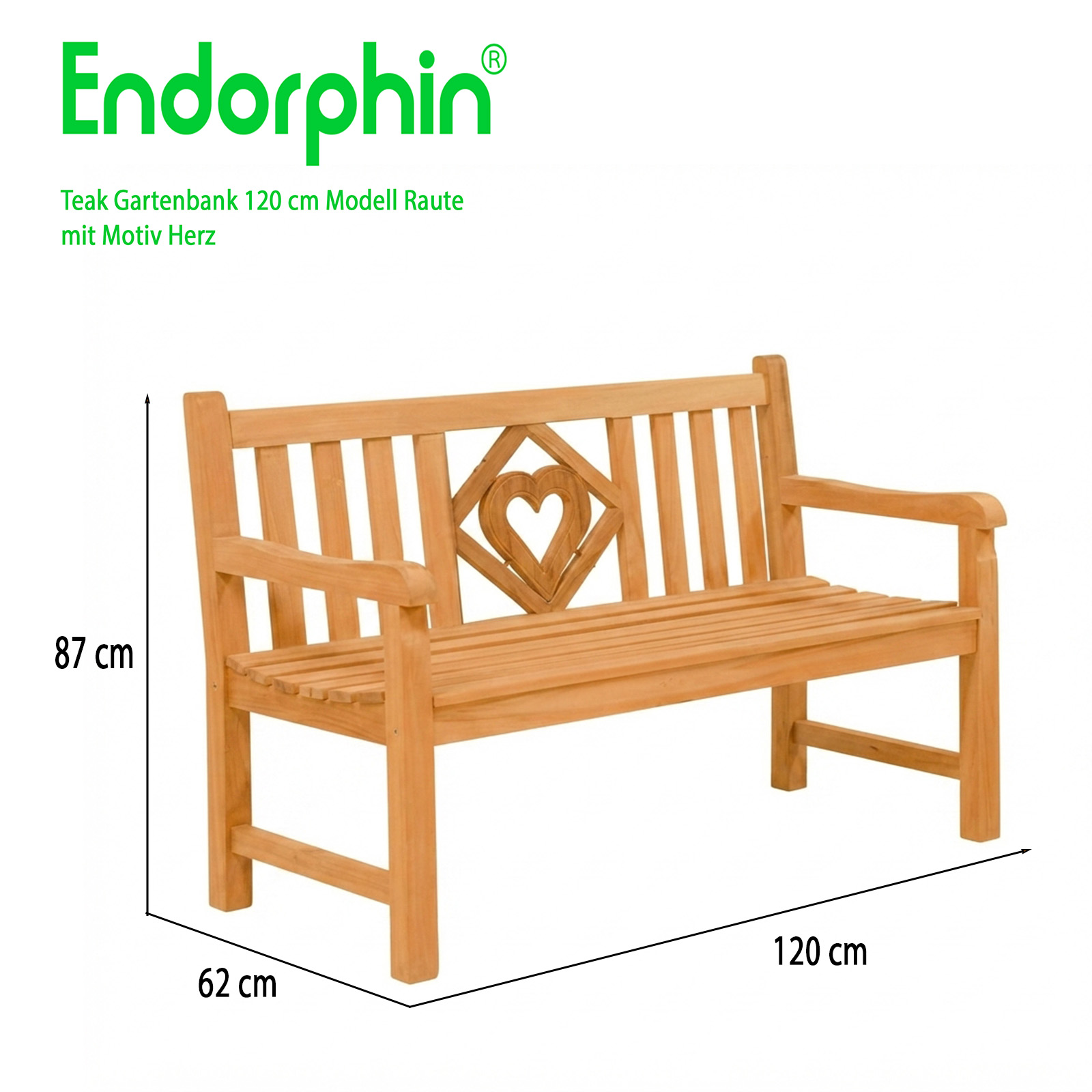 Endorphin Premium Teak Gartenbank 120 cm „Modell Raute“ mit Motiv Herz