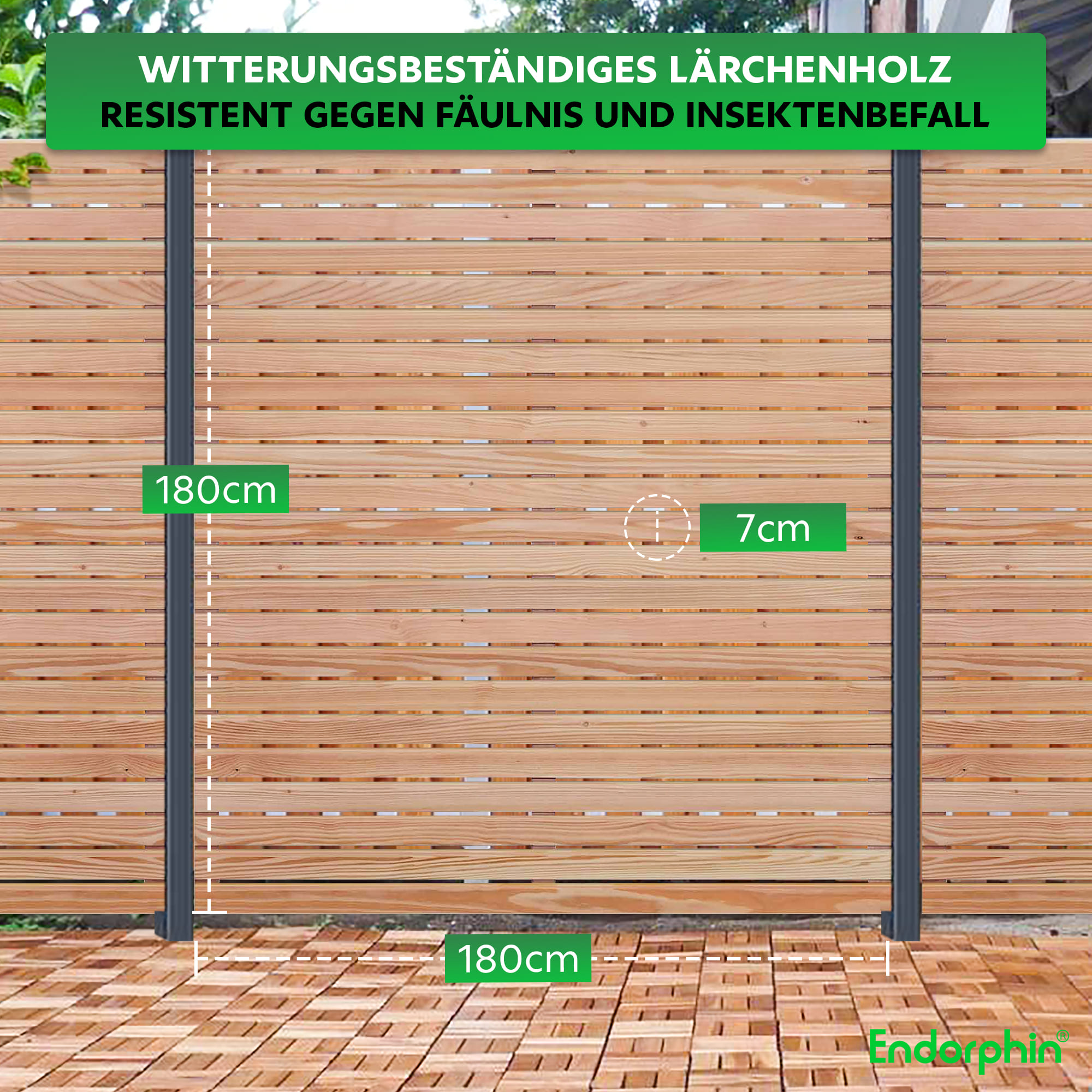 Endorphin Rhombus-Sichtschutzzaun Lärche | 8x Elemente [180x180cm] & 9x Alu-Pfosten [7x7x235cm]