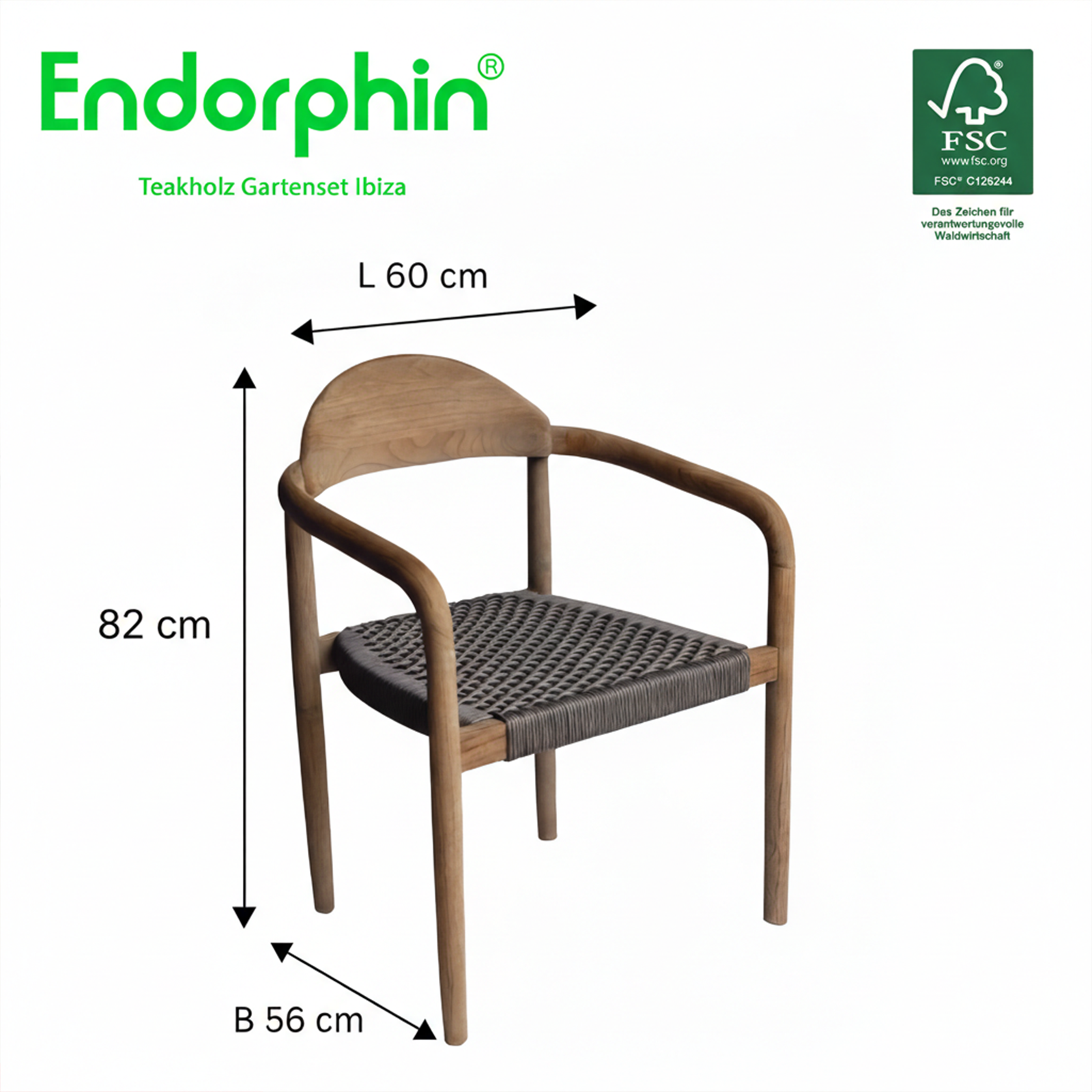 Endorphin Ibiza hochwertiges Teak Gartenset mit Keramik-Tischplatte, rund Ø120 cm 4 Stühle Gartenmöbel