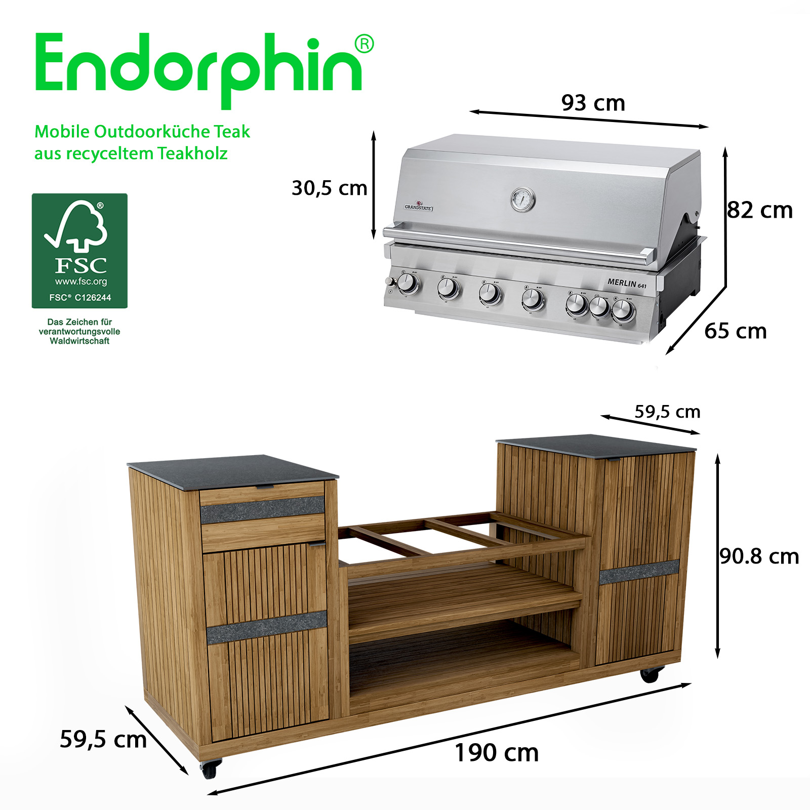 Endorphin Outdoorküche Teak inkl. Merlin 641 Built- in Gasgrill silber