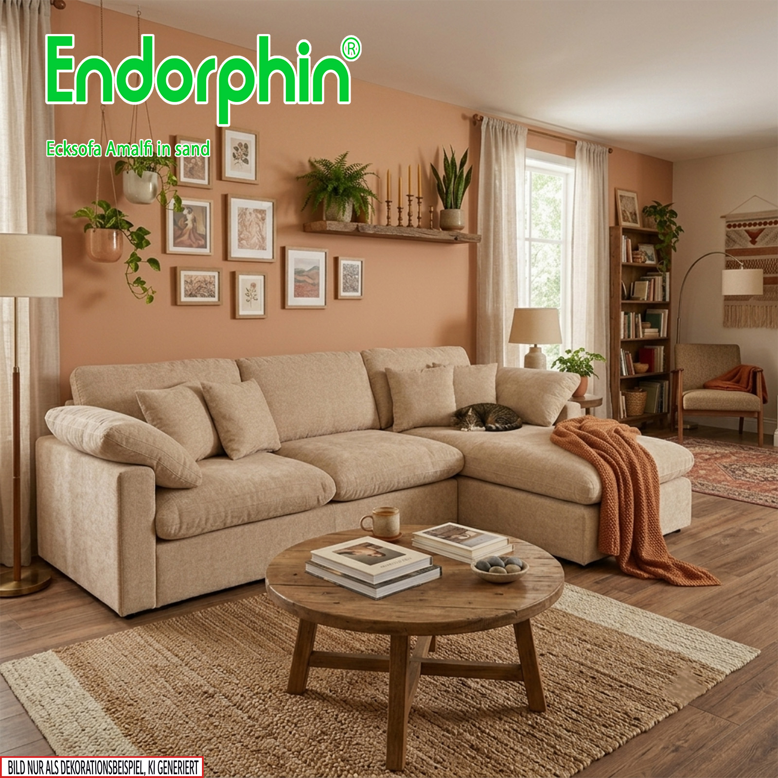 Endorphin Ecksofa Amalfi sand, Ottomane flexibel montierbar