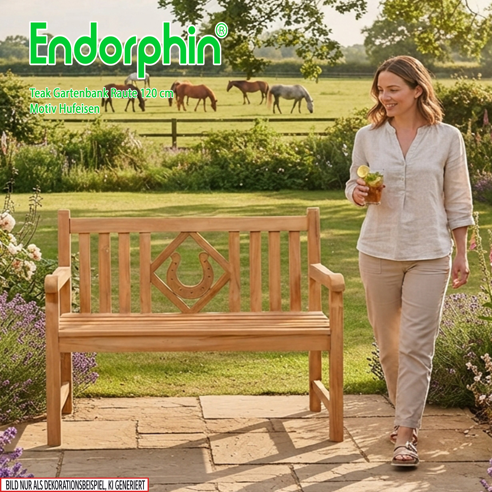 Endorphin Premium Teak Gartenbank 120 cm „Modell Raute“ mit Motiv Hufeisen