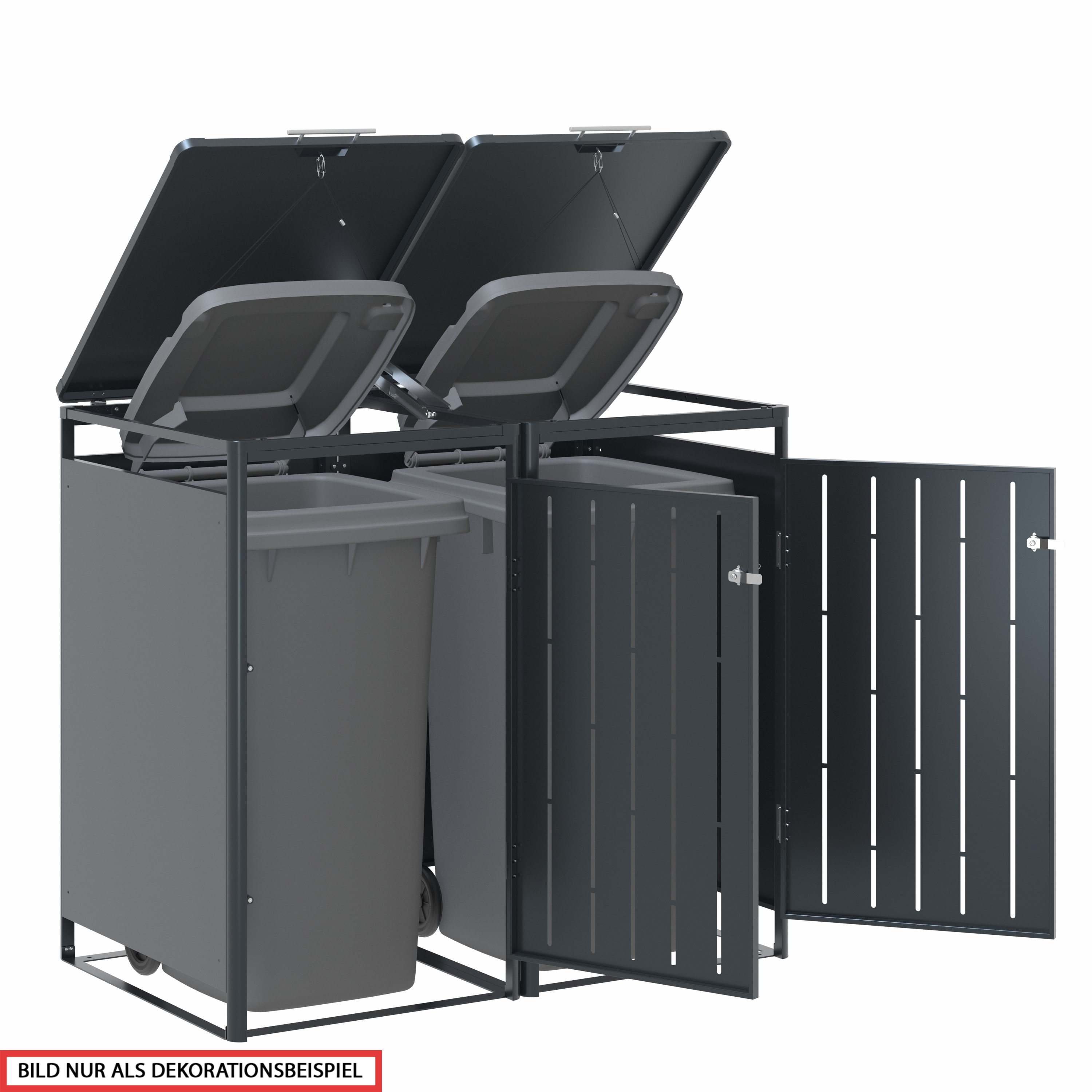 Endorphin Design Mülltonnenbox, 2er, 240 l, in anthrazit mit Holzdekor, aus verzinktem Stahl pulverbeschichtet, Breite x Höhe x Tiefe: 132x119x82 cm