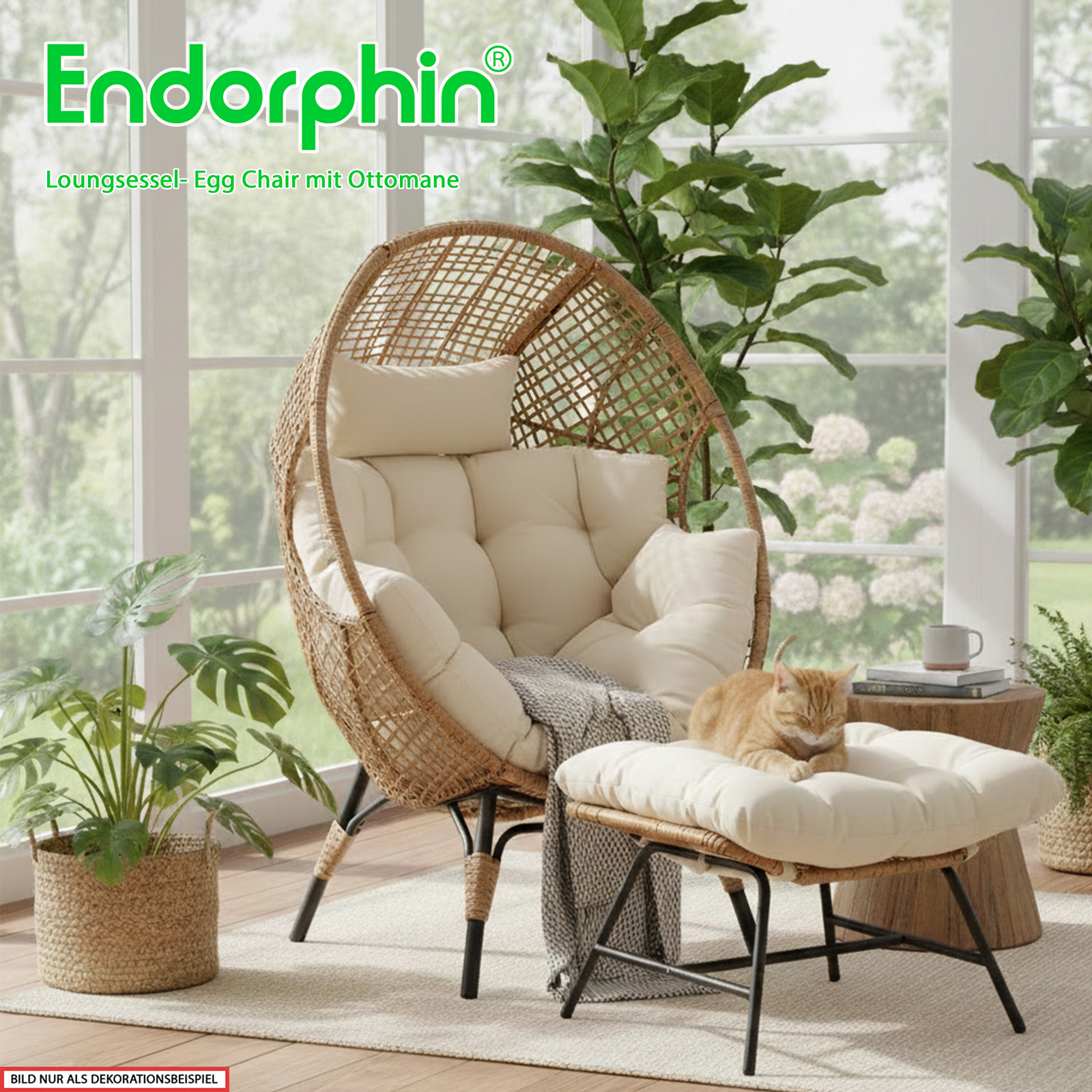 Endorphin Loungesessel Egg Chair, Gartenmöbel, Korbsessel für drinnen u. draußen m. Kissen u. Hocker/Ottomane Gartensessel