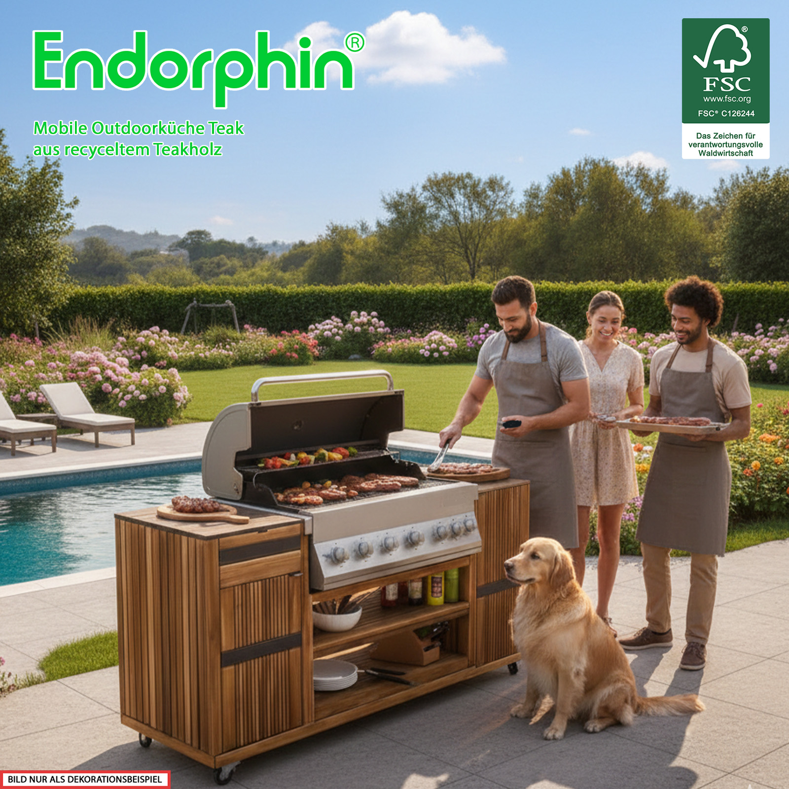 Endorphin Outdoorküche Teak inkl. Merlin 641 Built- in Gasgrill silber