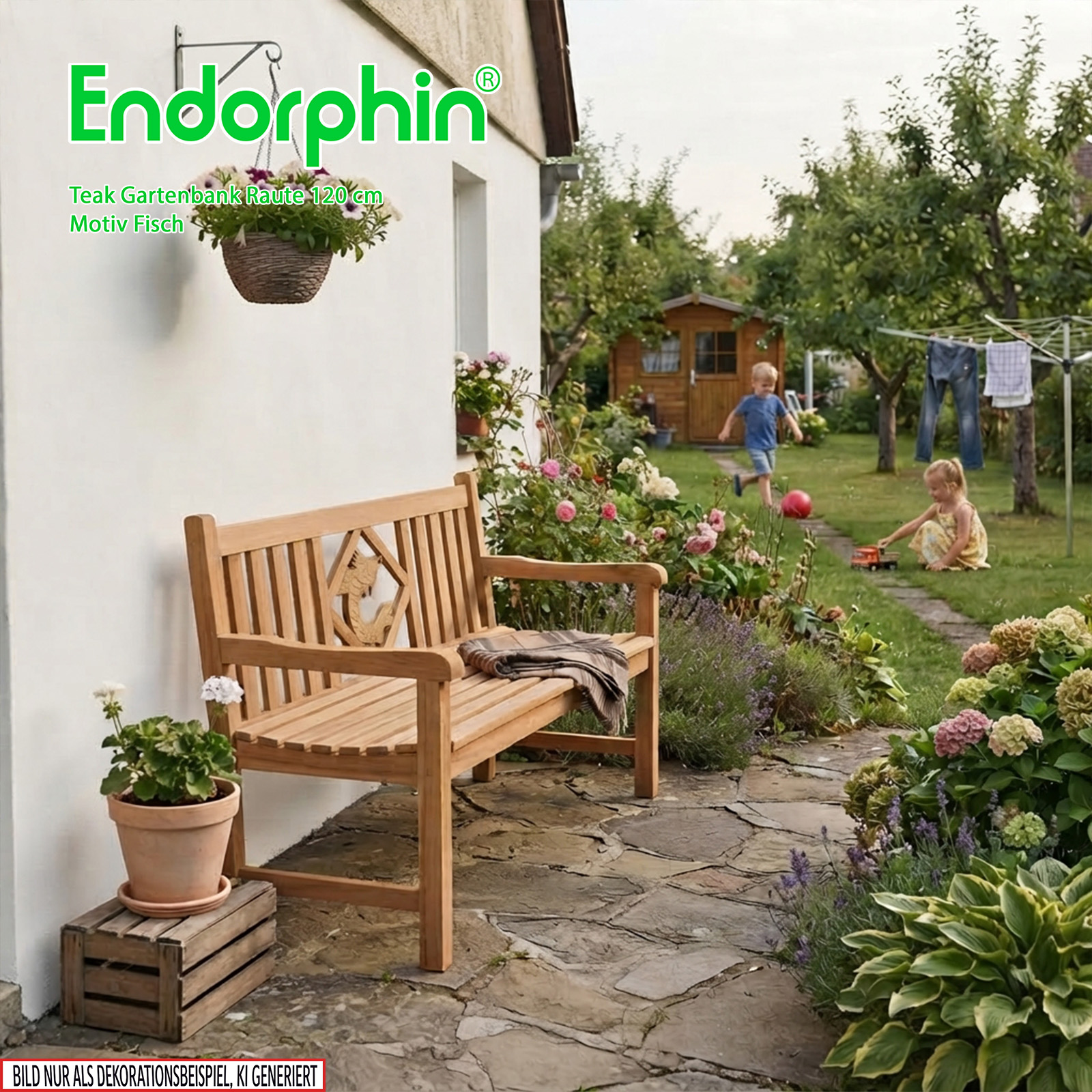 Endorphin Premium Teak Gartenbank 120 cm „Modell Raute“ mit Motiv Fisch