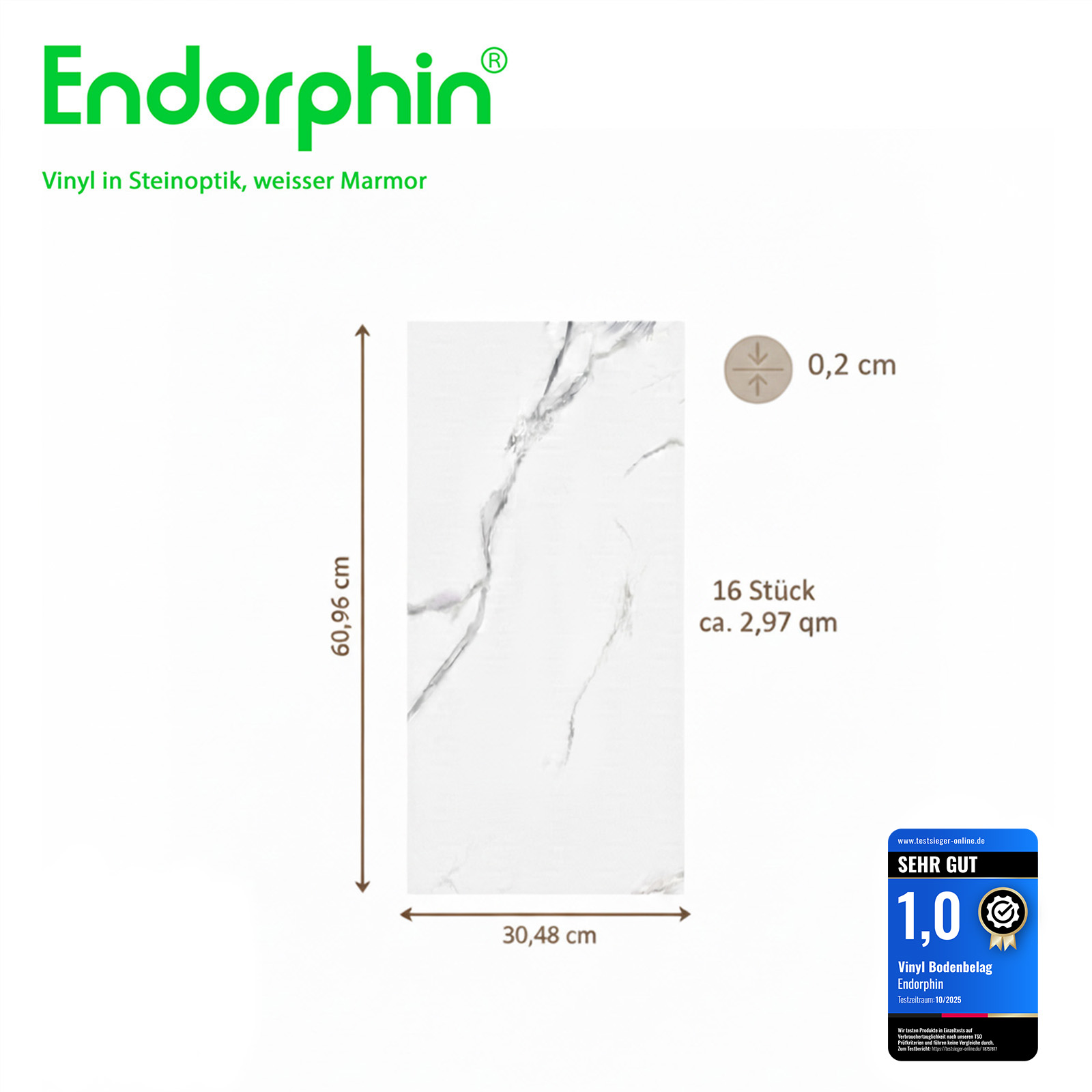Endorphin Vinylboden selbstklebend Steinoptik weißer Marmor 2,97qm
