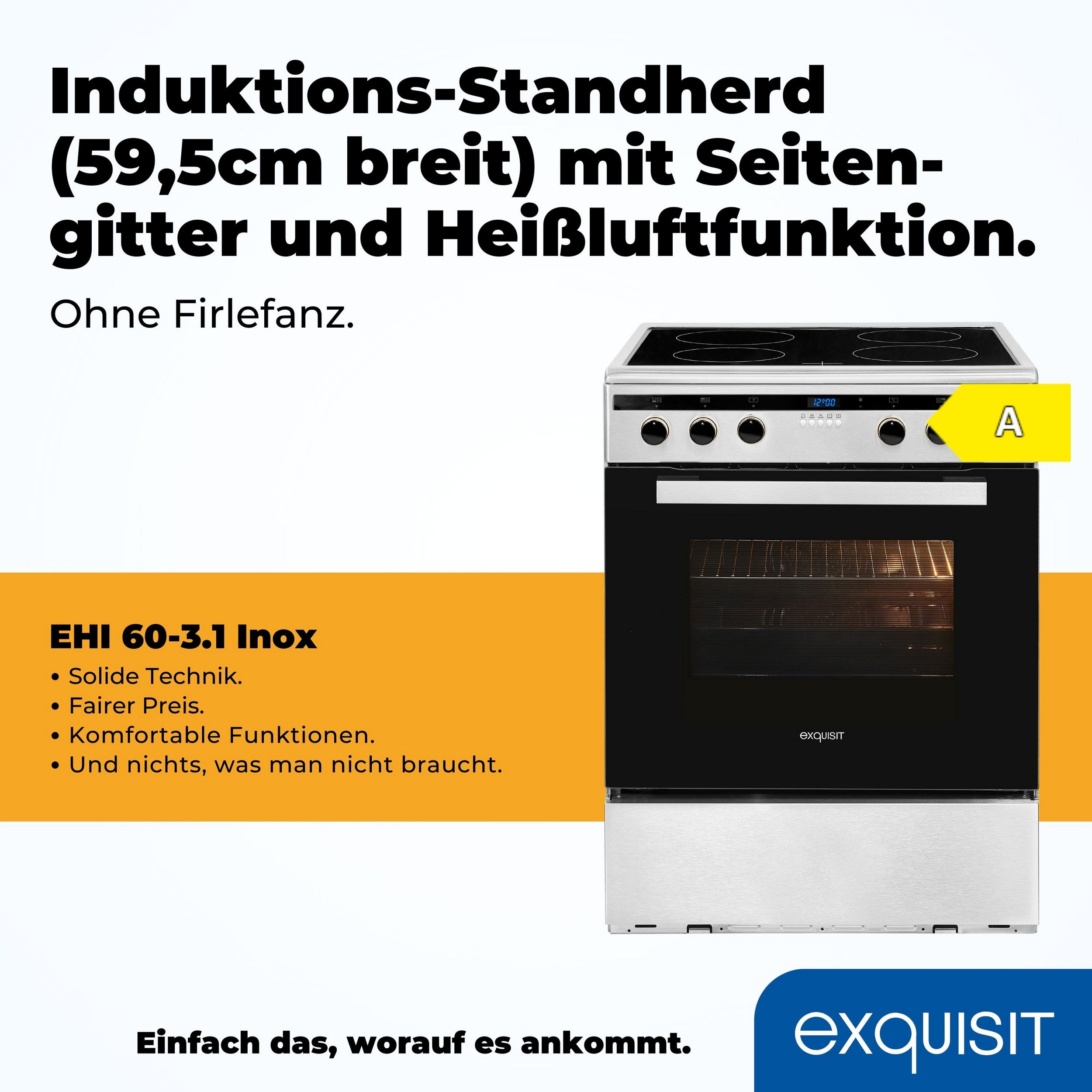 Exquisit EHI 60-3 Inox | Silber, 65 Liter Elektro-Standherd