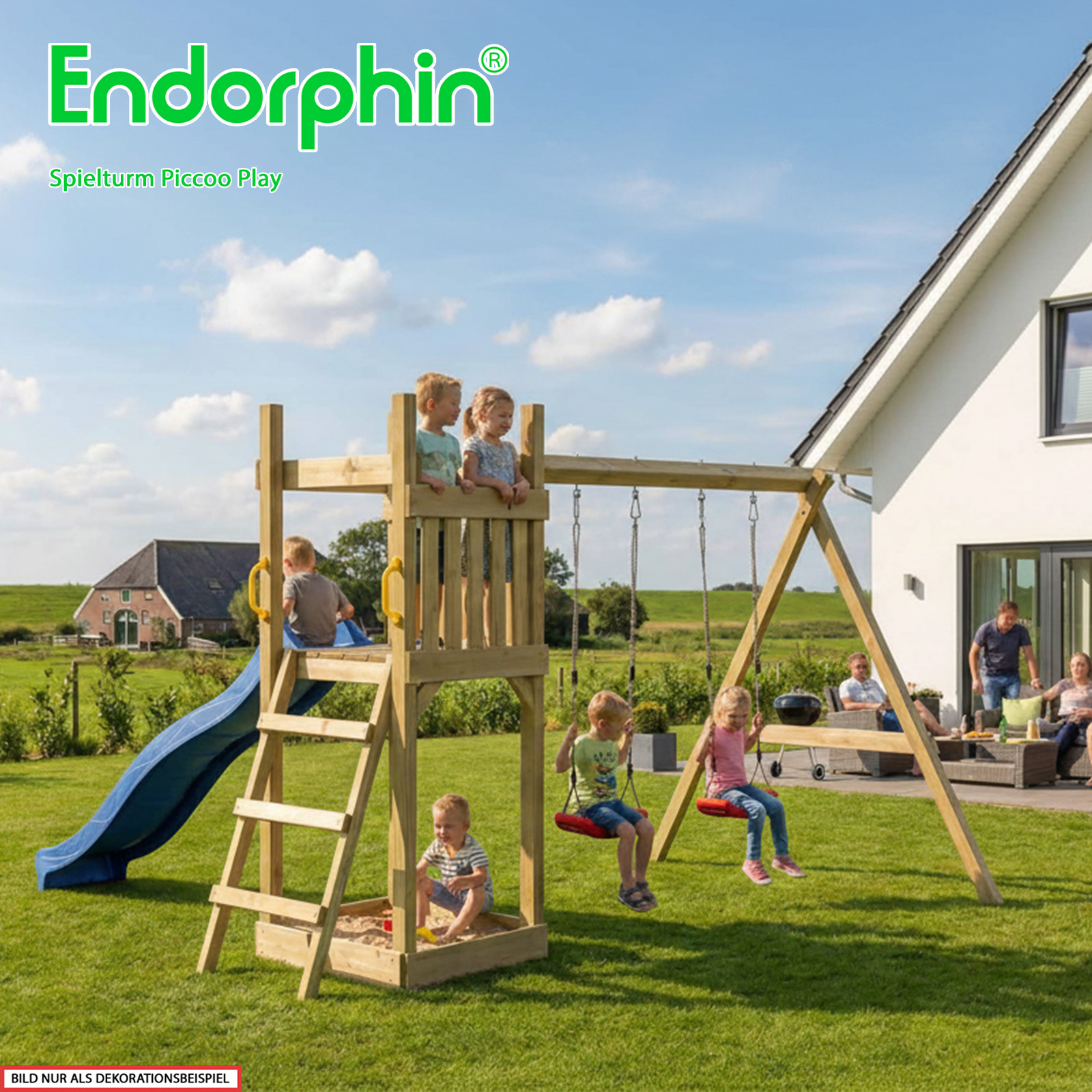 Endorphin Spielturm Piccoo Play mit Leiter Wellenrutsche und 2 Schaukeln