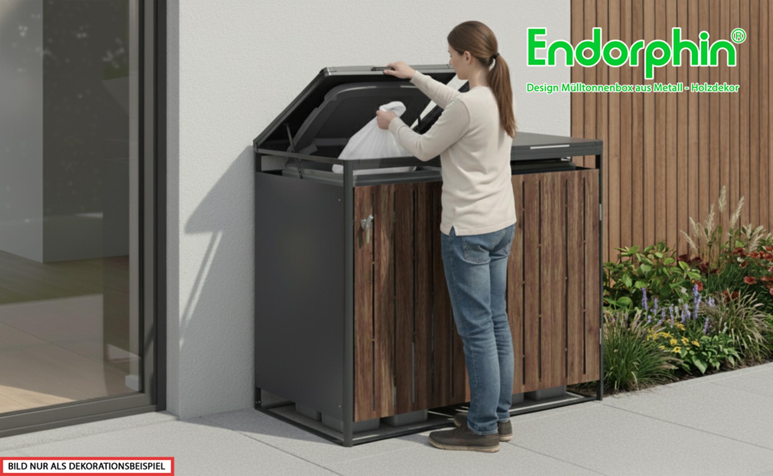 Endorphin Design Mülltonnenbox, 2er, 240 l, in anthrazit mit Holzdekor, aus verzinktem Stahl pulverbeschichtet, Breite x Höhe x Tiefe: 132x119x82 cm