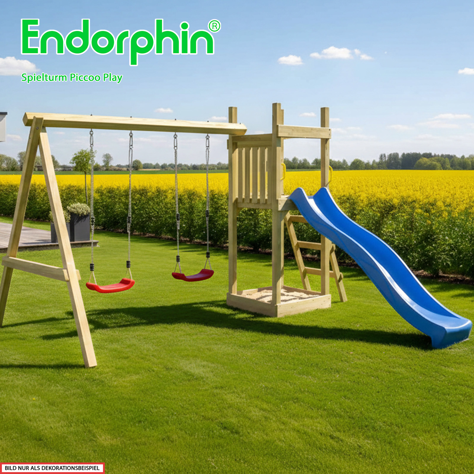 Endorphin Spielturm Piccoo Play mit Leiter Wellenrutsche und 2 Schaukeln