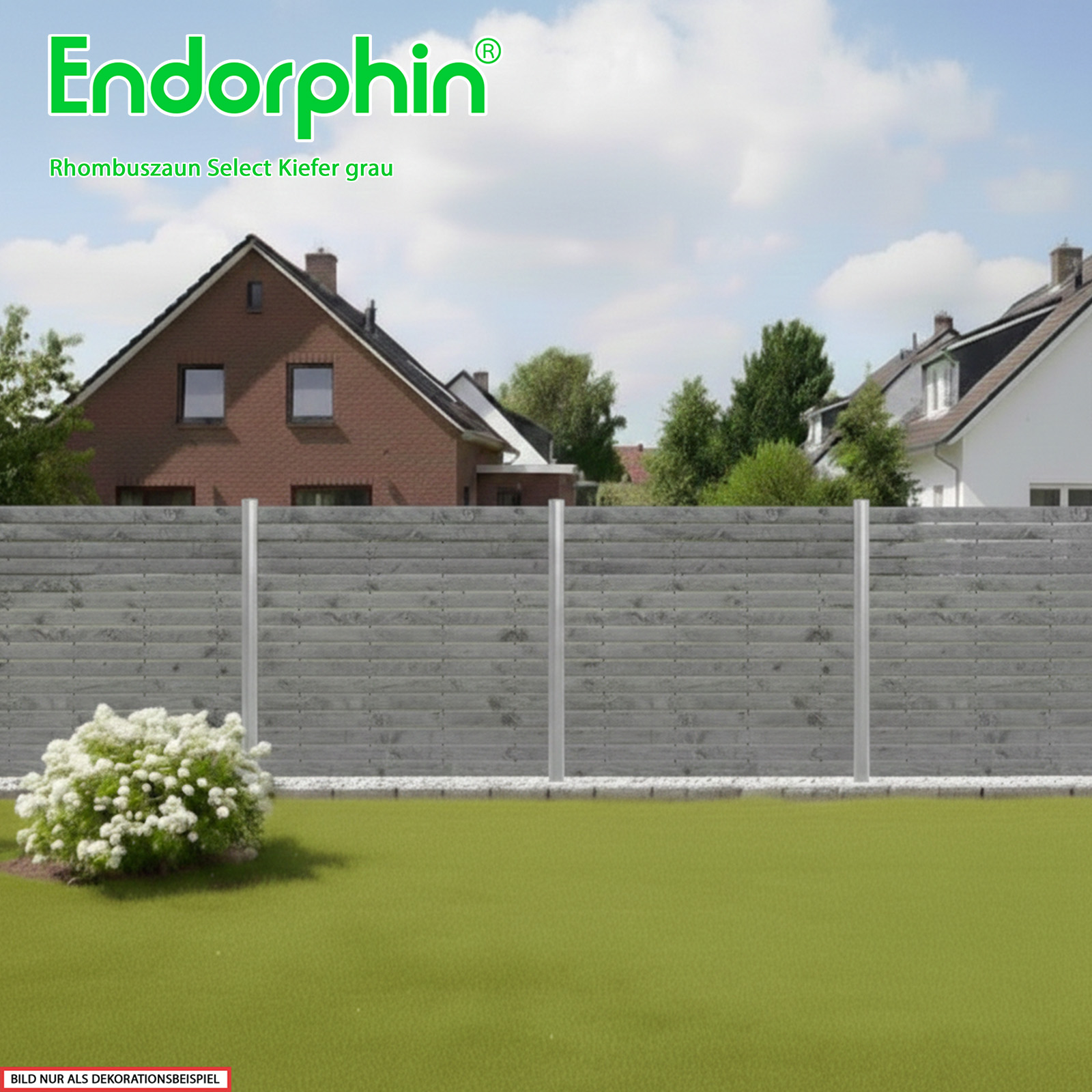 Endorphin Rhombuszaun Kiefer grau 3 Element 180x180cm 4 silberne Pfosten 7x7x235cm
