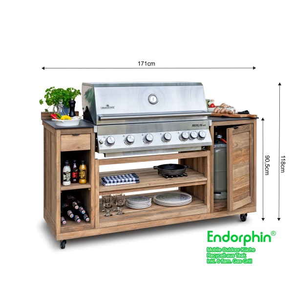 Endorphin Mobile Outdoor-Küche aus recyceltem Teak inkl. 6 flam. Gas-Grill