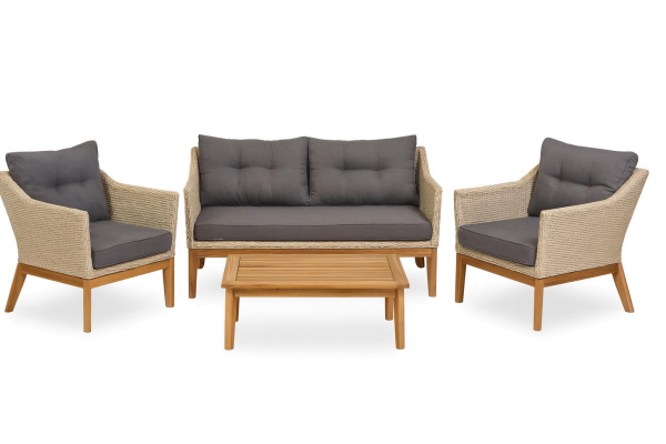 Endorphin Larissa Lounge Set – 4 tlg., 2 Sessel, 1 Sofa, Polyrattan mit Akazie teak look, 1 Tisch A