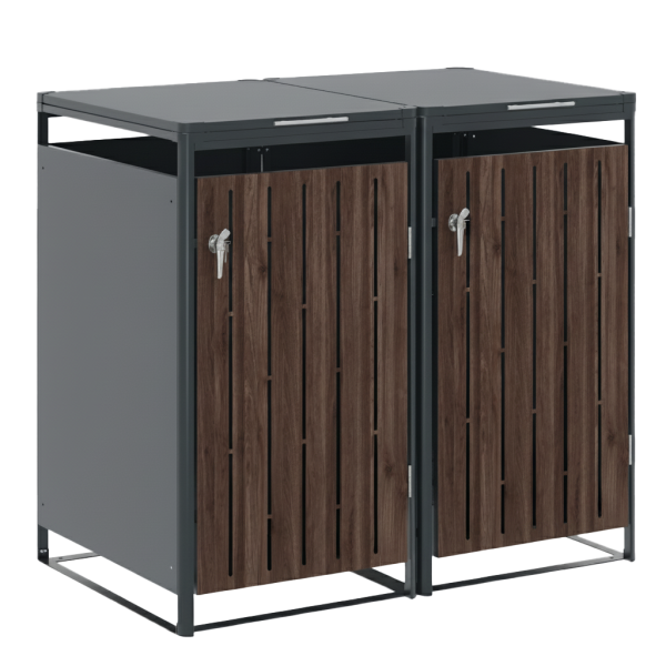 Endorphin Design Mülltonnenbox, 2er, 240 l, in anthrazit mit Holzdekor, aus verzinktem Stahl pulverb