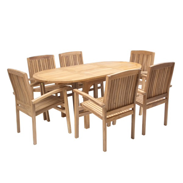 Endorphin Gartenmöbel Set 7tlg. Teakholz, Tisch oval, ausziehbar mit 6 Stühlen stapelbar