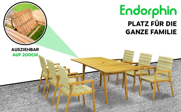 Endorphin Gartenset für 6 Personen Gartenmöbel Tisch ausziehbar 6er Set aus Akazienholz